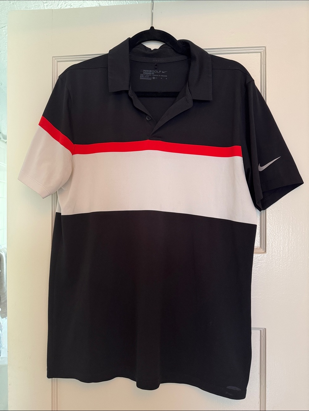 Nike Golf Men’s Black Polo with White Chest Panel and Red Stripe